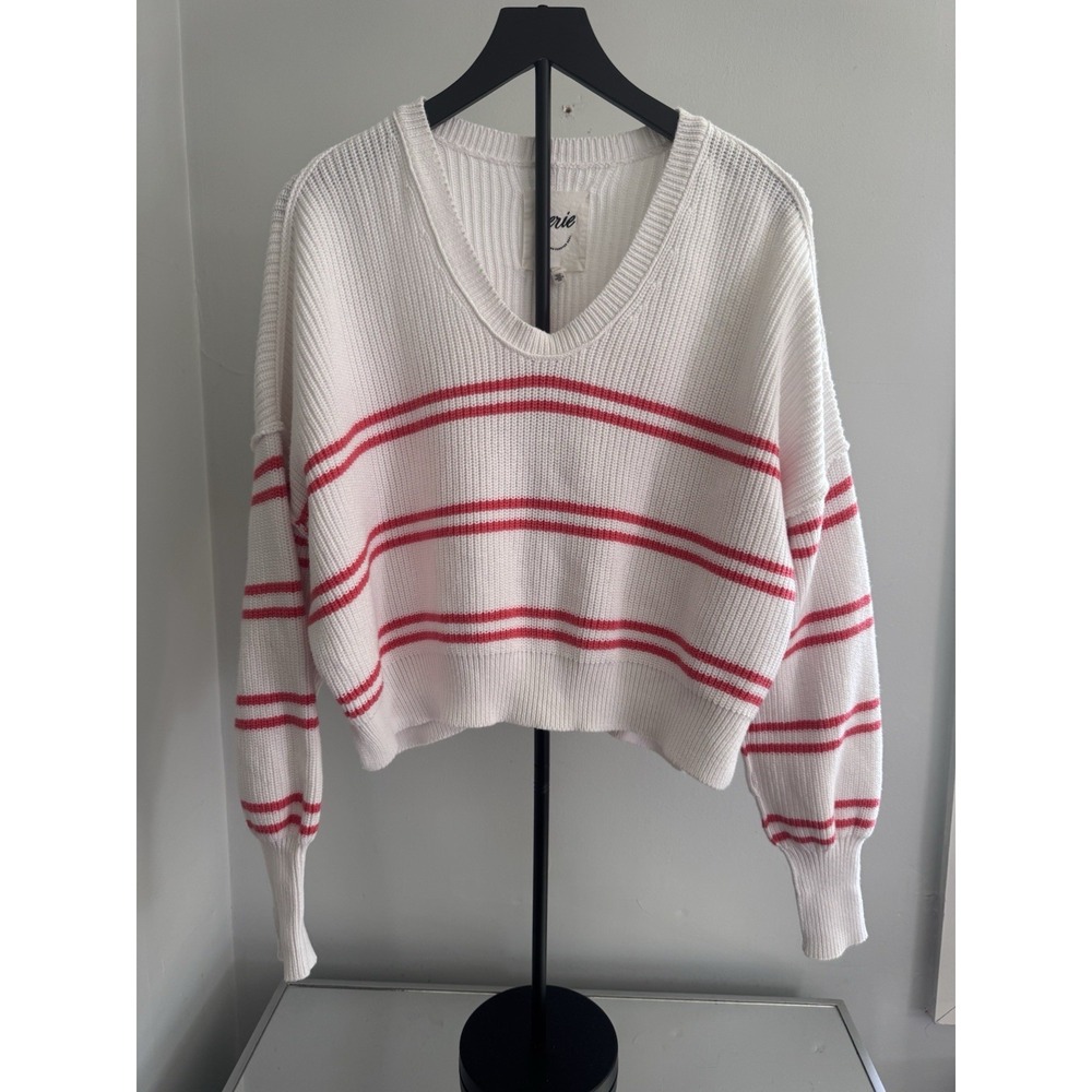 Aerie‎ Beyond Cropped Stripe Cotton Sweater White Pink Long Sleeve XS Oversized